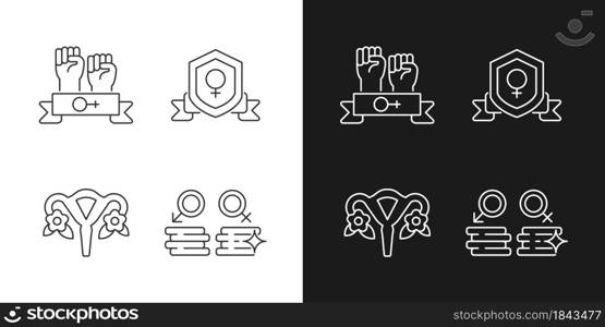Female empowerment linear icons set for dark and light mode. Women community. Advancing gender equality. Customizable thin line symbols. Isolated vector outline illustrations. Editable stroke. Female empowerment linear icons set for dark and light mode