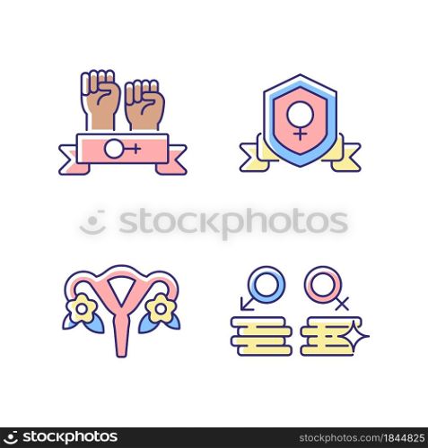 Female empowerment RGB color icons set. Women community. Advancing gender equality. Feminist activist. Fight inequality in wages. Isolated vector illustrations. Simple filled line drawings collection. Female empowerment RGB color icons set