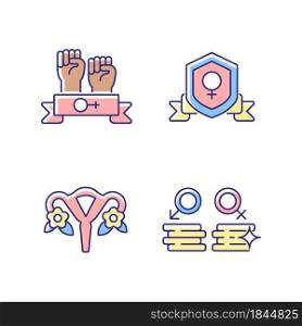 Female empowerment RGB color icons set. Women community. Advancing gender equality. Feminist activist. Fight inequality in wages. Isolated vector illustrations. Simple filled line drawings collection. Female empowerment RGB color icons set