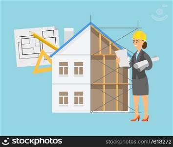 Female engineer with planning for building vector, house with floors and unfinished design, lady wearing helmet and looking at papers with schemes. Woman Engineer with Plans Schemes Worker Female