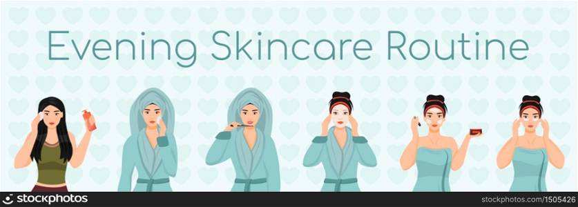 Female evening skincare routine flat color vector characters set. Face daily procedures isolated cartoon illustrations on white background. Girl removing make up, applying sheet mask and cream