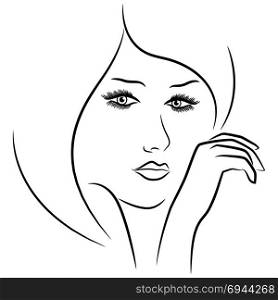 Female face and hand, vector outline over white