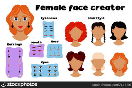 Female face creator set of blond red brunette brown haired templates and elements of face constructor flat vector illustration