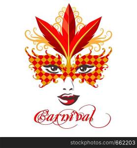 Female face in Gold and red Venetian Carnival Mask and wording Carnival. Vector illustration.
