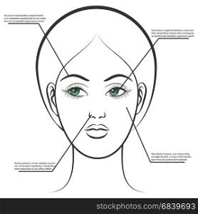 Female face information poster. Female face information poster vector illustration. Woman with green eyes isolated on white
