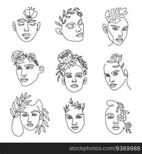 Female face line with flowers. Continuous lines art with woman minimalist portraits with bouquet in hairs. Fashion beauty logo vector set. Elegant art for countour tattoo and advertisement. Female face line with flowers. Continuous lines art with woman minimalist portraits with bouquet in hairs. Fashion beauty logo vector set