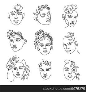 Female face line with flowers. Continuous lines art with woman minimalist portraits with bouquet in hairs. Fashion beauty logo vector set. Elegant art for countour tattoo and advertisement. Female face line with flowers. Continuous lines art with woman minimalist portraits with bouquet in hairs. Fashion beauty logo vector set