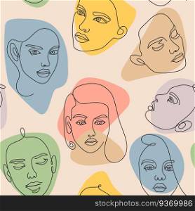 Female face seamless pattern. Modern continuous one line minimalist woman abstract portraits. Outline beauty girl heads art vector texture. Trendy design for colorful feminine textile. Female face seamless pattern. Modern continuous one line minimalist woman abstract portraits. Outline beauty girl heads art vector texture