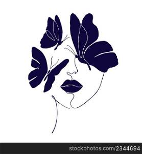 Female face with black butterflies in minimal style isolated on a white background.