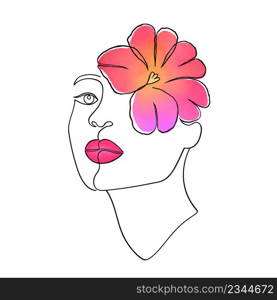 Female face with bright flower. Woman face in minimal style on white background.