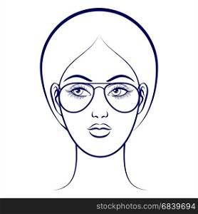 Female face with glasses. Balpoint drawing female face with glasses on grey backdrop. Vector illustration