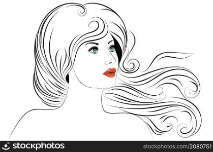 Female face with green eyes and long eyelashes, line art.