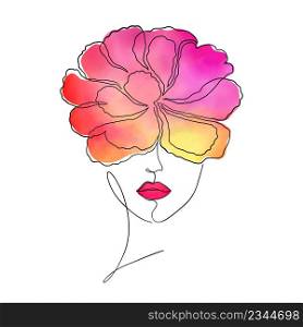 Female face with watercolor peony flower on her head. Modern art.