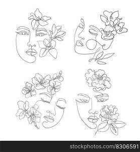 Female faces line art with sakura, camellia, magnolia flowers. 4 Asian woman drawn continuous style, for beauty business and cosmetic