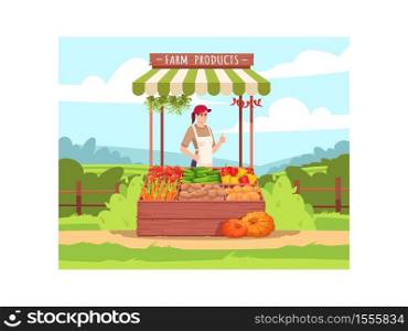 Female farmer sell eco products semi flat vector illustration. County fair counter with food. Local production of fresh vegetables. Agriculture business owner 2D cartoon characters for commercial use. Female farmer sell eco products semi flat vector illustration