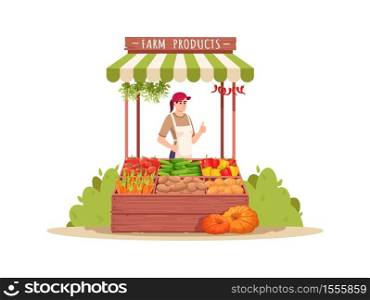 Female farmer sell products semi flat RGB color vector illustration. Local production of fresh vegetables. Agriculture business owner isolated cartoon character on white background. Female farmer sell products semi flat RGB color vector illustration