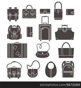 Female fashion and luggage bags black silhouette icons set isolated vector illustration