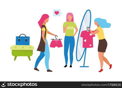 Female fashion sales assistant semi flat color vector characters. Full body people on white. Assisting at clothes store isolated modern cartoon style illustration for graphic design and animation. Female fashion sales assistant semi flat color vector characters