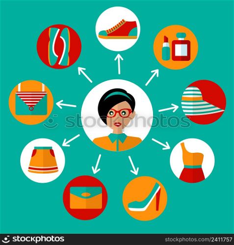 Female fashion stylish casual online shopping icons concept vector illustration