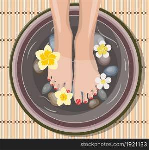 Female feet at spa pedicure procedure. Legs, flowers and ceramic bowl. SPA beauty and health concept. Vector illustration in flat style. Female feet at spa pedicure procedure.
