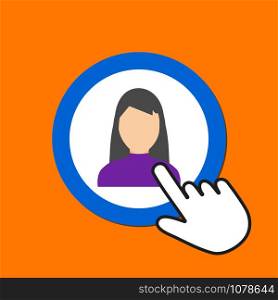 Female figure icon. Woman avatar concept. Hand Mouse Cursor Clicks the Button. Pointer Push Press