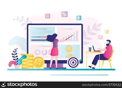 Female financial advisor provides analytics to businessman on monitor screen. Male client consult about invest strategy, finance planning. Analysis and money management concept. Vector illustration. Female financial advisor provides analytics to businessman on monitor screen. Male client consult about invest ideas, finance planning.