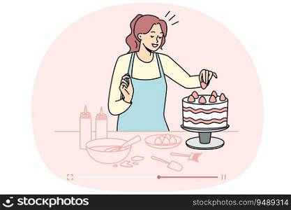 Female food blogger shooting cake recipe on online channel. Woman vlogger make live stream of dessert baking. Homemade bakery. Vector illustration.. Food blogger shooting live stream