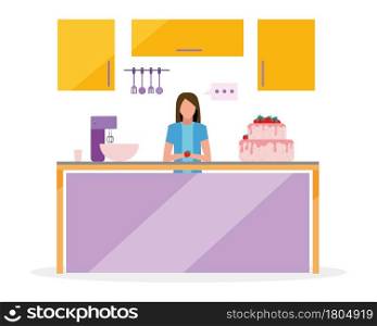 Female food vlogger semi flat color vector character. Full body person on white. Blogger filming baking process isolated modern cartoon style illustration for graphic design and animation. Female food vlogger semi flat color vector character