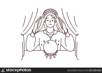 Female fortune teller look at magic ball predict future. Woman gypsy in robe do magical ritual in room. Vector illustration. . Female fortune teller with magic ball 