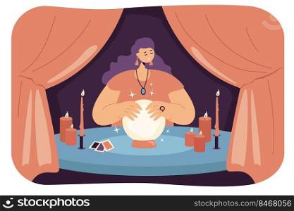 Female fortuneteller with crystal ball in tent. Seer or wizard predicting future, fortune telling service flat vector illustration. Magic, mystery, astrology, fate concept for banner, landing page