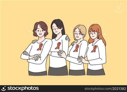 Female foundation of breast cancer and girls power concept. Group of smiling girls wearing orange ribbons on longsleeves standing holding hands looking at camera vector illustration . Female foundation and girls power concept.