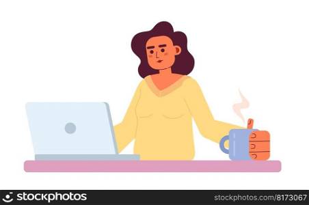 Female freelance programmer with laptop and cup semi flat color vector character. Editable figure. Full body person on white. Simple cartoon spot illustration for web graphic design and animation. Female freelance programmer with laptop and cup semi flat color vector character