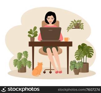 Female freelancer is working on a laptop. Distance job.Hugge. Vector flat illustration.