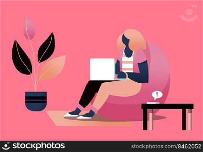 Female freelancer working at home office, Flat style cartoon faceless character. Lifestyle, self isolation, pandemic concept. Minimal vector illustration.. Female freelancer working at home office