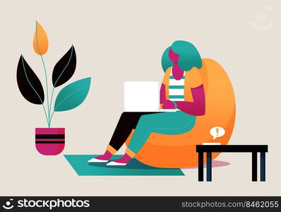 Female freelancer working at home office, Flat style cartoon faceless character. Lifestyle, self isolation, pandemic concept. Minimal vector illustration.. Female freelancer working at home office