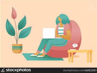 Female freelancer working at home office, Flat style cartoon faceless character. Lifestyle, self isolation, pandemic concept. Minimal vector illustration.. Female freelancer working at home office.