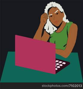 Female freelancer works with laptop. Looking confused and thinking. Dark background. Vector. Female freelancer works with laptop.