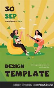 Female friends and pet relaxing outdoors. Women playing guitar and singing outdoors flat vector illustration. C&ing, recreation, leisure concept for banner, website design or landing web page