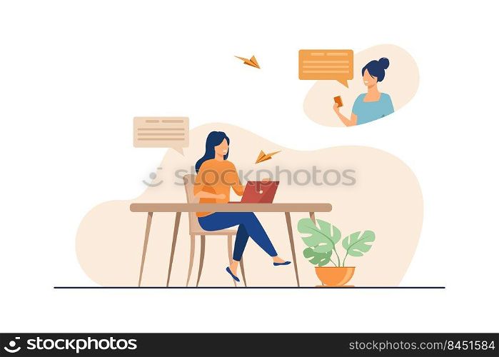 Female friends chatting online and smiling. Laptop, computer, social media flat vector illustration. Communication and network concept for banner, website design or landing web page