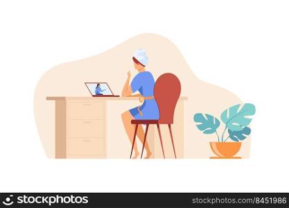 Female friends chatting online. Woman with towel on head using laptop for video call flat vector illustration. Communication, internet concept for banner, website design or landing web page