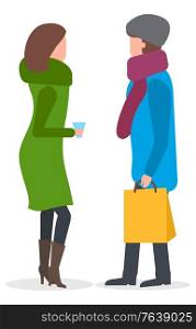 Female friends discussing events vector. Isolated characters wearing winter clothes talking. Neighbors with bag and cup of coffee or hot tea. Lady returning home from shopping carrying packet. Friends Talking Outdoors, Neighbours in Winter