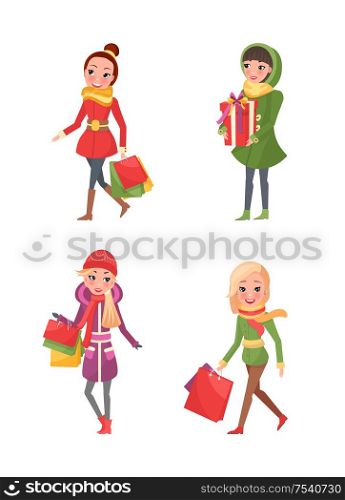 Female friends doing shopping isolated cartoon style characters. Stylish ladies in coats and scarves vector women shopaholics with presents gift boxes. Female Friends Doing Shopping Isolated Cartoon Style