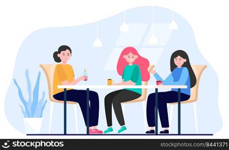 Female friends hanging out in cafe. Women drinking coffee during lunch break, sitting at table and talking. Vector illustration for friendship, eating out, meeting concept