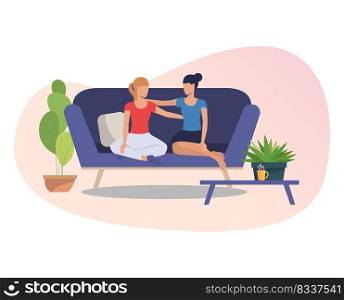 Female friends hugging each other. Women sitting on couch, talking and embracing. Friendship concept. Vector illustration for posters, presentation slides, landing pages