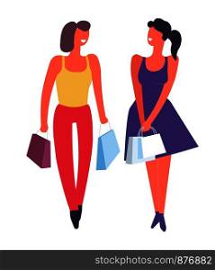 Female friends shopping together buying clothes isolated vector. Ladies carrying bought items from shops and stores with sale prices. Smiling women returning home with purchased objects, happy clients. Female friends shopping together buying clothes isolated vector