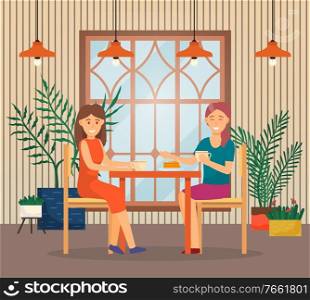 Female friends spending time together at restaurant. Meeting of women for intimate talk, conversation of two in cafe or at home. People calmly drink coffee and eat cake. Vector illustration in flat. Conversation of Two Women in Cafe, Friends Talk
