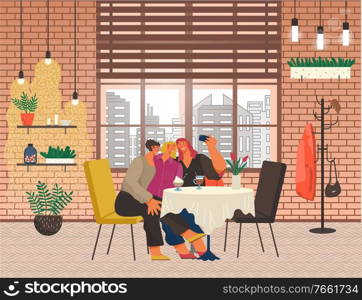 Female friends spending weekend in coffeehouse taking selfie in cafe. Characters drinking coffee beverages served for clients. Interior of diner with wide window and cityscape with skyscrapers vector. People Taking Selfie in Coffeehouse Friend in Cafe