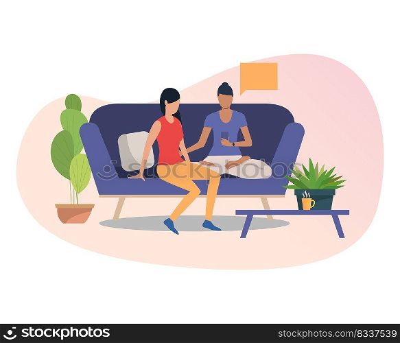 Female friends using smartphone together. Sitting on couch, chatting on phone, speech bubble. Friendship concept. Vector illustration for posters, presentation slides, landing pages