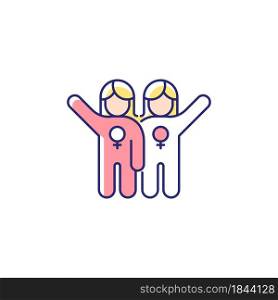 Female friendship RGB color icon. Sisterhood. Girl power. Like minded women cooperation. Non-romantic relationships. Supporting each other. Isolated vector illustration. Simple filled line drawing. Female friendship RGB color icon