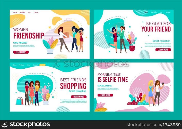 Female Friendship Trendy Design for Landing Page Set. Everyday Selfie, Daily Shopping. Cartoon Fashion Girls Characters Relaxing Supporting Friends. Communication and Recreation. Vector Illustration. Female Friendship Design for Landing Page Set